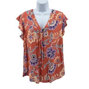 Rose & Thyme Floral Blouse WMNS M Orange Multi Flutter Sleeve V-Neck Lightweight